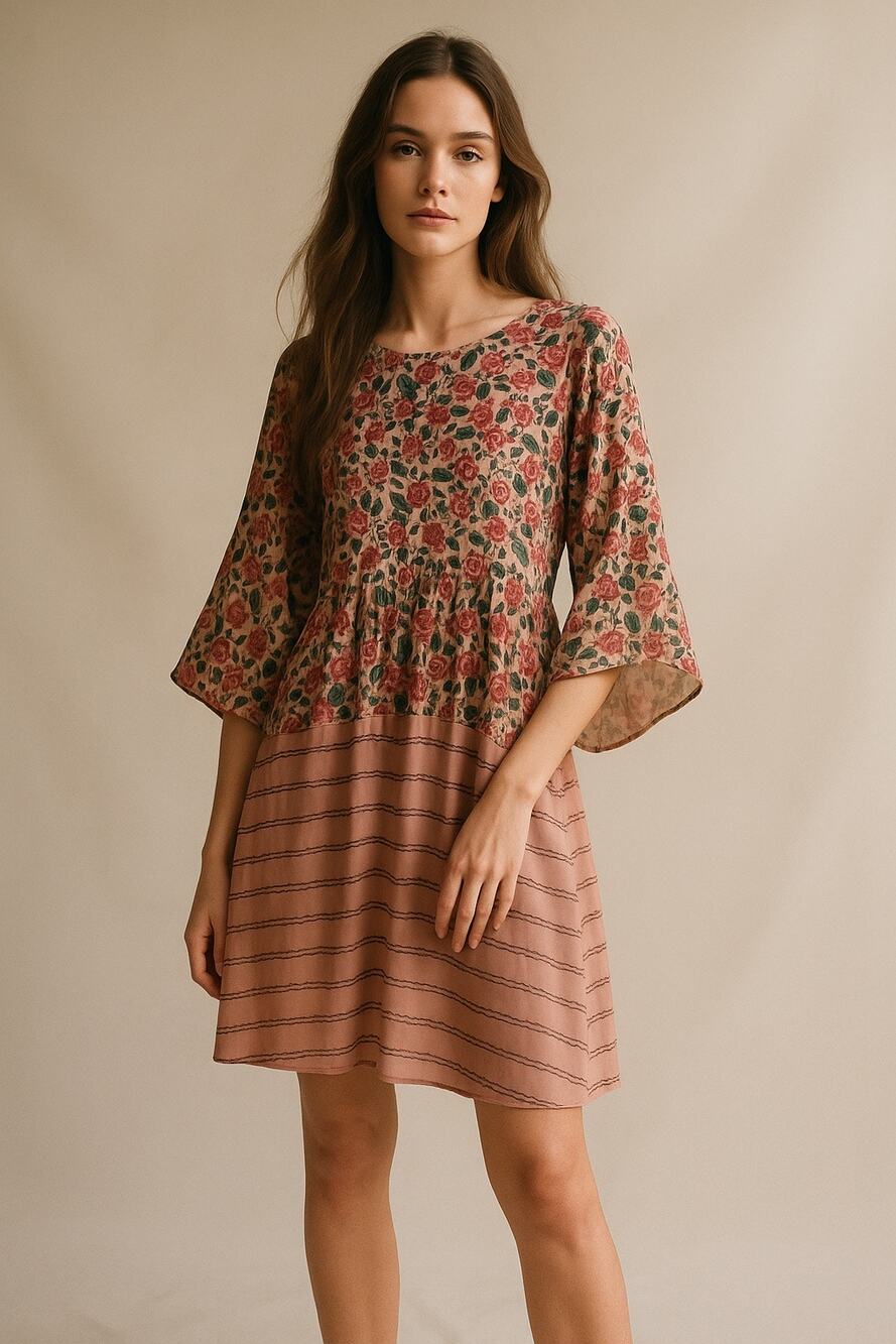The GREAT. Silk Floral Print Striped Pink Mini Dress Long Sleeve XS